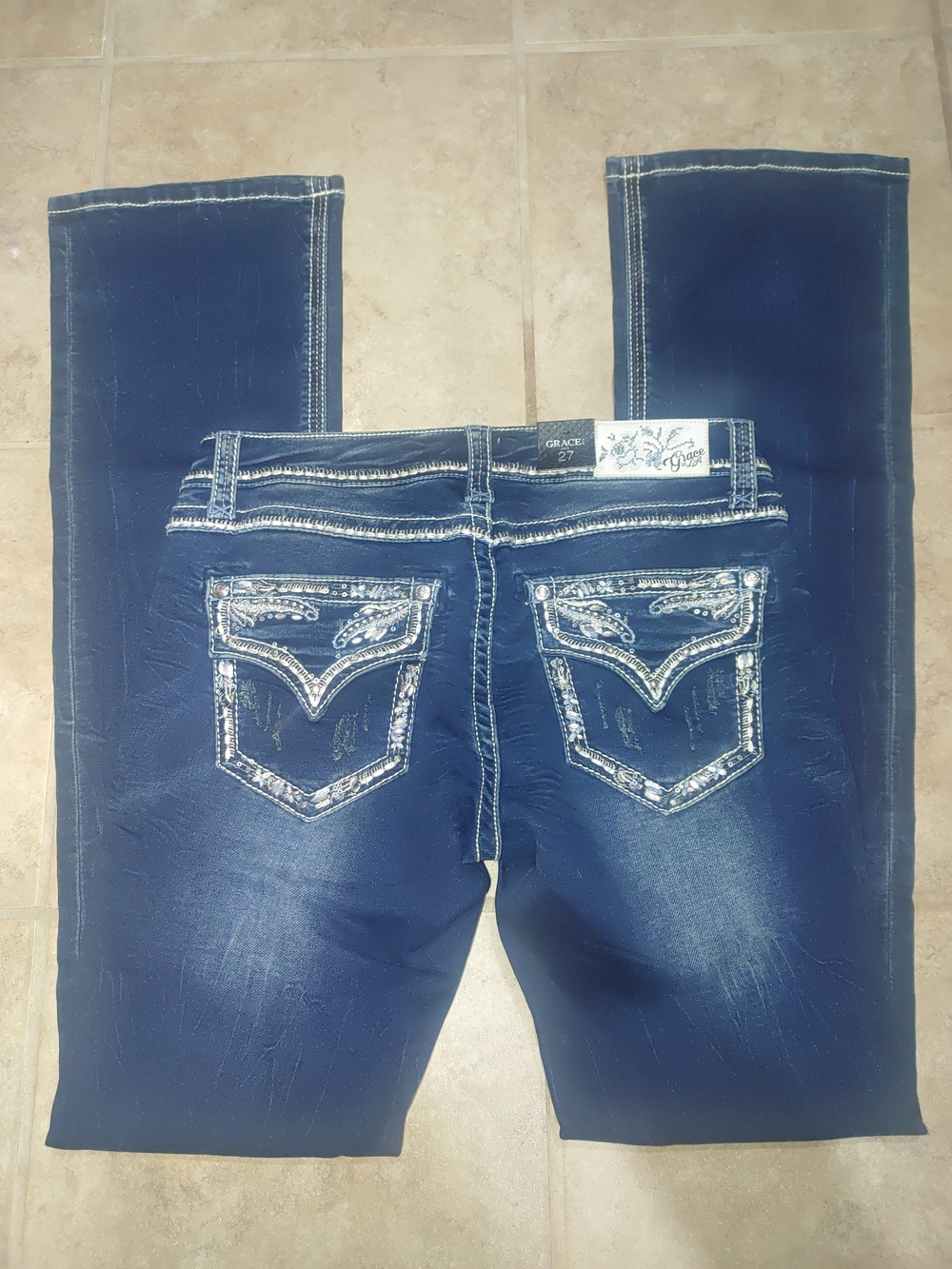 Grace in LA Navy Boot Cut Jeans with Embellished Back Pockets